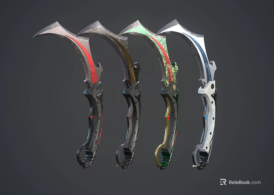 Four Decorative Knives With Colored Blades And Unique Handle Designs 3d model