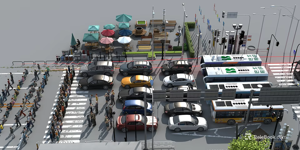 Urban Street Scene With Cars Buses Pedestrians Traffic Lights And Seating Areas Under Umbrellas 3d model 