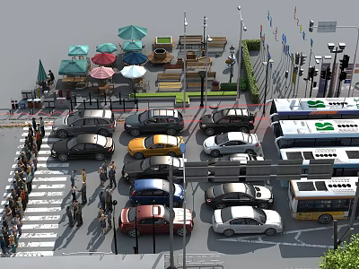 Urban Street Scene With Cars Buses Pedestrians Traffic Lights And Seating Areas Under Umbrellas 3d model
