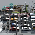 Urban Street Scene With Cars Buses Pedestrians Traffic Lights And Seating Areas Under Umbrellas