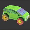 Cartoon Style Green Car With Large Wheels Blue Roof On Black Background And Reflection