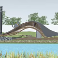 Modern Curved Bridge Design With Wooden Structure Water Reflection And Green Landscape