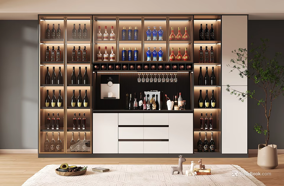 Modern Wine Cabinet Multi Tiered Design With Glass Doors Displaying Various Wine Bottles And Glassware 3d model 