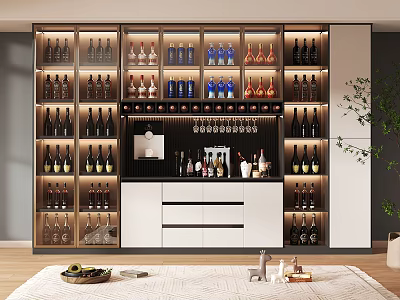 Modern Wine Cabinet Multi Tiered Design With Glass Doors Displaying Various Wine Bottles And Glassware 3d model