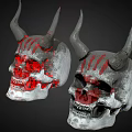 Horned Fantasy Skulls With Red Glowing Eyes And Stripe Details