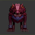 Vibrant Red Wolf Sculpture With Sharp Fangs Glowing Eyes And Purple Accents
