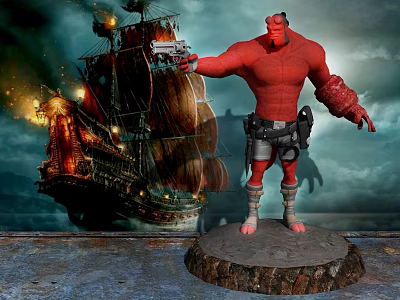 Fiery Red Demon Game Movie Character Holding Gun on Wooden Stump With Burning Ship 3d model