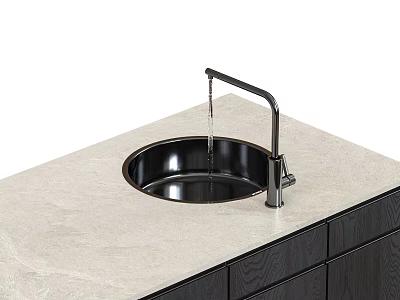 Stylish Washbasin with Black Faucet Light Marble Countertop and Dark Wooden Cabinets Below 3d model