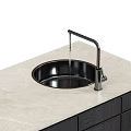 Stylish Washbasin with Black Faucet Light Marble Countertop and Dark Wooden Cabinets Below