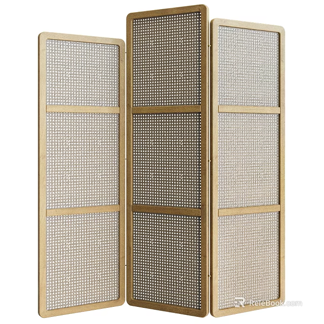 Modern Three Panel Folding Room Divider With Gold Metal Frame And Mesh Design 3d model 