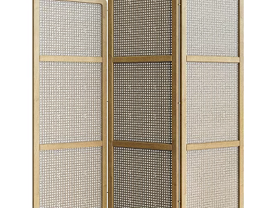 Modern Three Panel Folding Room Divider With Gold Metal Frame And Mesh Design 3d model