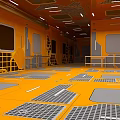 Orange Elevator Aisle Featuring Metal Grille Flooring And Panel Walls Design 3d model