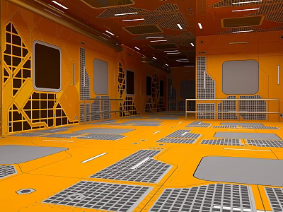 Orange Elevator Aisle Featuring Metal Grille Flooring And Panel Walls Design 3d model