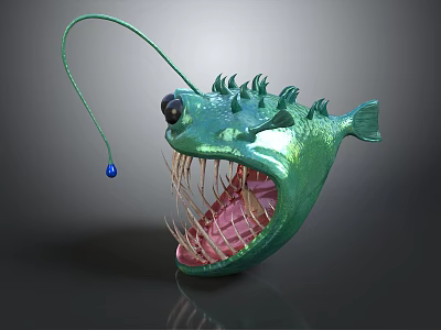 Green Angler Fish 3D Model With Large Mouth Sharp Teeth And Luminous Lure Spiked Back 3d model