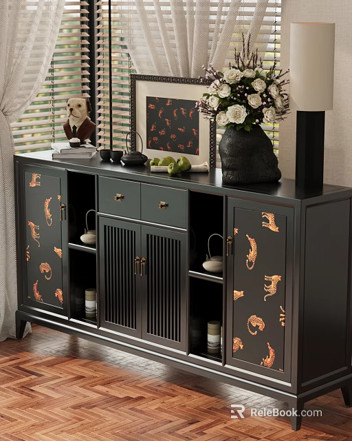 Black Sideboard with Golden Tiger Patterns and Decorative Top Ornaments 3d model 