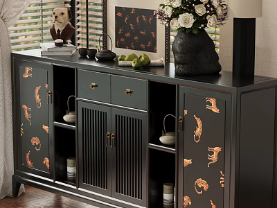 Black Sideboard with Golden Tiger Patterns and Decorative Top Ornaments 3d model