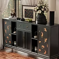Black Sideboard with Golden Tiger Patterns and Decorative Top Ornaments