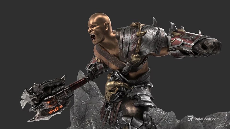 Game Movie Character Muscular Bald Warrior In Armor With Giant Axe Rocky Terrain 3d model 