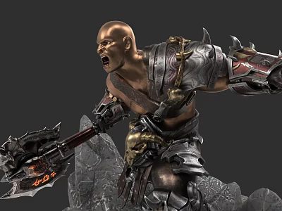 Game Movie Character Muscular Bald Warrior In Armor With Giant Axe Rocky Terrain 3d model