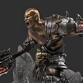 Game Movie Character Muscular Bald Warrior In Armor With Giant Axe Rocky Terrain