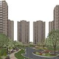 Modern High Rise Residential Buildings in a Scenic Community with Water Pond and Lush Greenery
