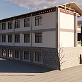 Three Story School Building With White Walls Gray Roof Balconies And Stone Base Plaza