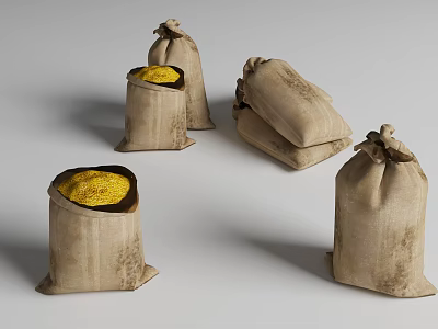 Open Canvas Sacks For Daily Storage Filled With Shiny Golden Contents 3d model