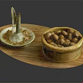 Wooden Tray With Ceramic Plate And Nut Filled Bowl For Daily Household Use