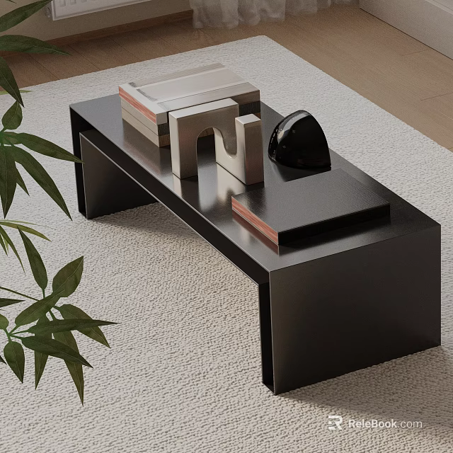 Modern Black Sofa Bench with Geometric Decorative Objects and Black Stone in Minimalist Living Room 3d model 