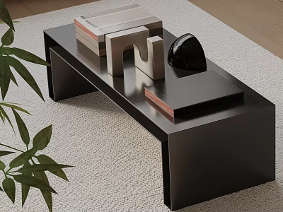 Modern Black Sofa Bench with Geometric Decorative Objects and Black Stone in Minimalist Living Room 3d model