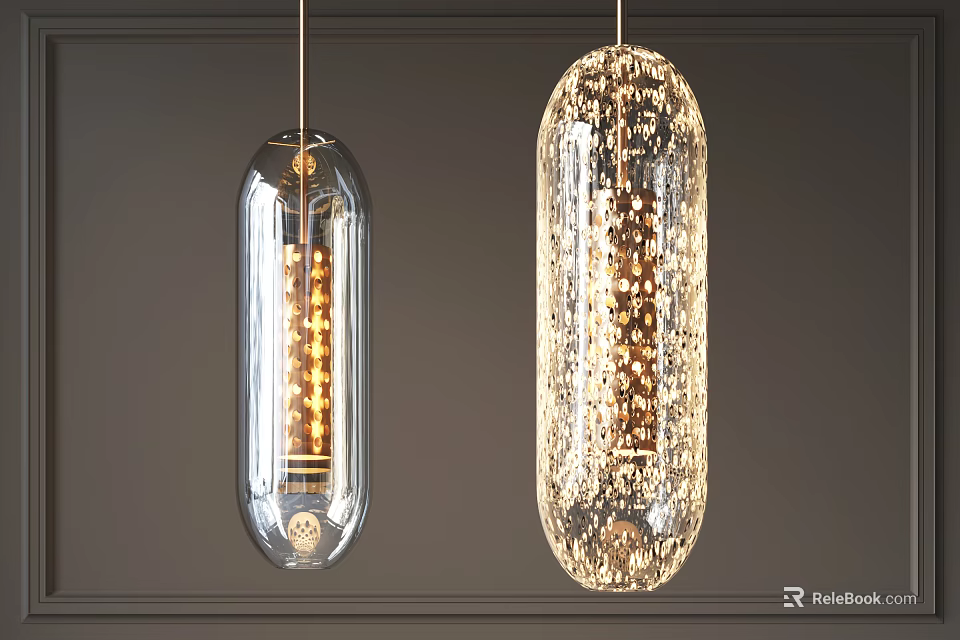 Two Modern Transparent Glass Pendant Lights With Minimalist And Decorative Designs Hanging Over Gray Wall 3d model 