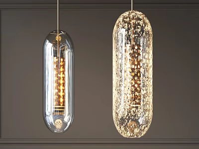 Two Modern Transparent Glass Pendant Lights With Minimalist And Decorative Designs Hanging Over Gray Wall 3d model