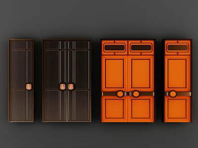 Stylish Wooden Double Doors With Dark And Orange Panel Designs And Handle Accents 3d model