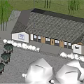 Modern Pet Grooming Salon Exterior Featuring Wooden Siding Stone Wall Gabled Roof Trees And Greenery