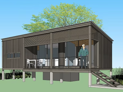Modern Elevated Wooden House with Covered Patio Outdoor Furniture and Surrounding Trees 3d model