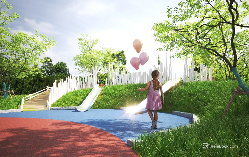 Park Landscape Featuring Girl in Pink Dress Holding Pink Balloons Slide Green Lawn and Trees 3d model 