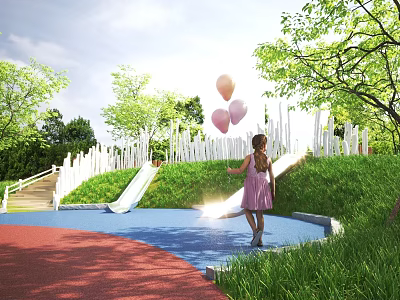 Park Landscape Featuring Girl in Pink Dress Holding Pink Balloons Slide Green Lawn and Trees 3d model