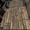 Underground Mine Shaft Interior With Wooden Beams Metal Ladder And Barrels