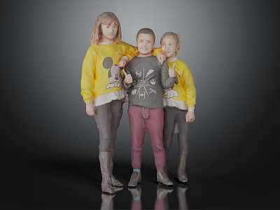 Three Kids Posing Together In Yellow And Gray Shirts With Gray Background 3d model