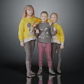 Three Kids Posing Together In Yellow And Gray Shirts With Gray Background