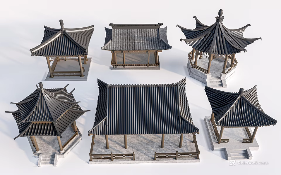 Traditional Chinese Pavilions With Various Roof Designs And Wooden Architectural Features 3d model 