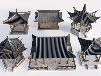 Traditional Chinese Pavilions With Various Roof Designs And Wooden Architectural Features 3d model