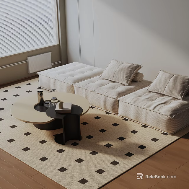 Modern Three Seater Sofa In Living Room With Diamond Pattern Rug And Round Coffee Table 3d model 