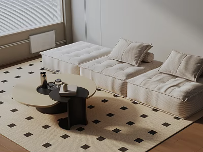 Modern Three Seater Sofa In Living Room With Diamond Pattern Rug And Round Coffee Table 3d model