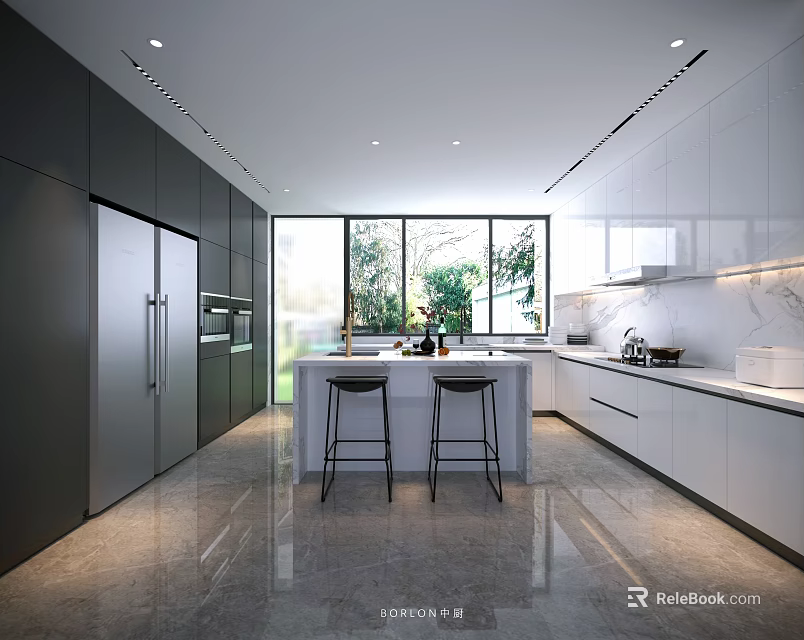 Sleek Modern Black And White Kitchen With Central Island Bar Stools And Large Panoramic Windows 3d model 