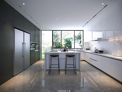 Sleek Modern Black And White Kitchen With Central Island Bar Stools And Large Panoramic Windows 3d model