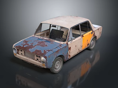 Old Rusty Vintage Car With Weathered Blue And Orange Peeling Paint Exterior 3d model