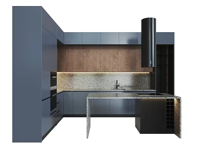 Modern Kitchen With Gray Cabinets Wooden Backsplash And Stone Countertop 3d model