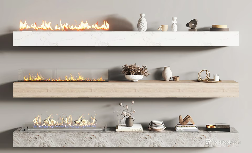Three Modern Fireplaces With Flames Marble And Wooden Shelves Decorative Vases Bowls And Books 3d model 