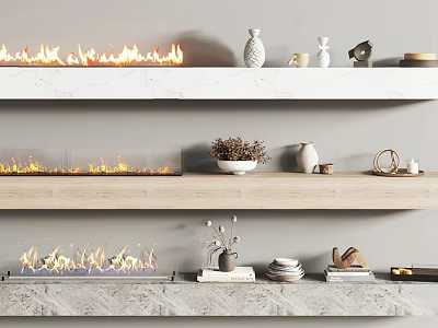 Three Modern Fireplaces With Flames Marble And Wooden Shelves Decorative Vases Bowls And Books 3d model